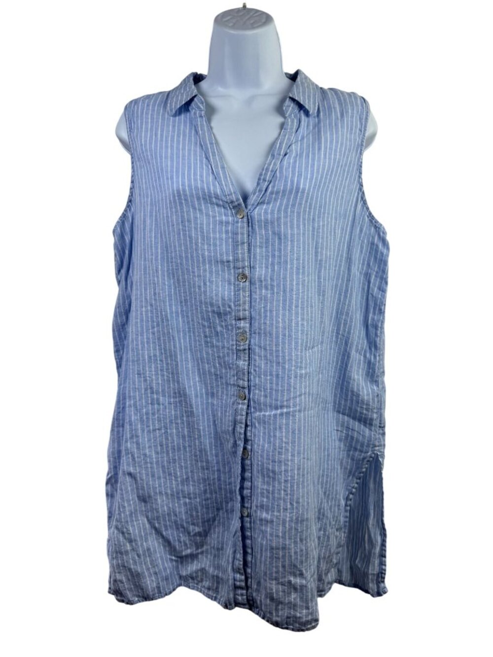 Sigrid Olsen Womens Blue White Striped 100% Linen Button Up Tunic Top Size Large